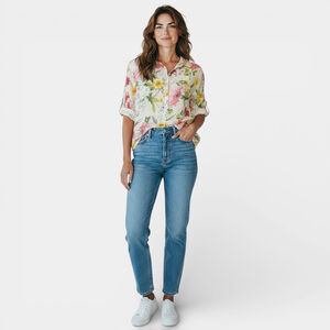 KENING Top Women Size Large Floral Prints Button Up Short Sleeves Sheer Cotton